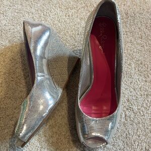 Lilly Pulitzer Silver Peep Toe Wedge Shoes